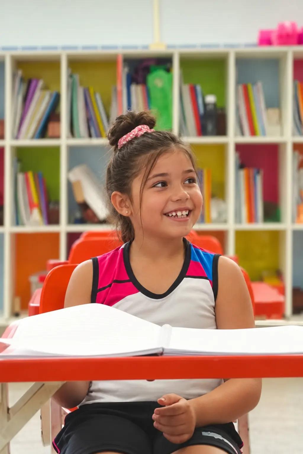 Aluna do Colégio Expressivo sorrindo na sala de leitura